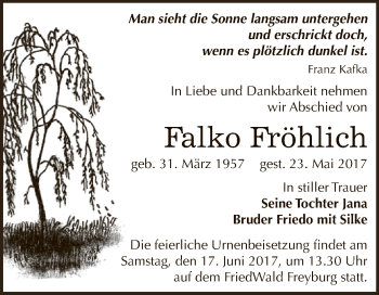 Traueranzeige von Falko Fröhlich von WVG - Wochenspiegel NMB / WSF / ZTZ