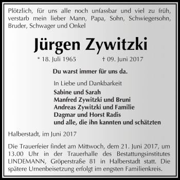 Traueranzeige von Jürgen Zywitzki von Super Sonntag SGH Mansf. Land