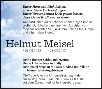 Traueranzeige von Helmut Meisel von Mitteldeutsche Zeitung Merseburg/Querfurt