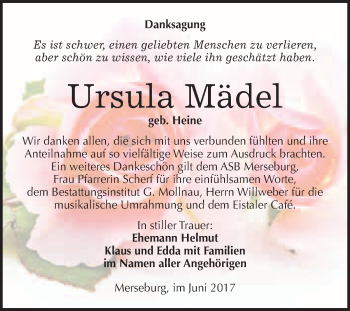 Traueranzeige von Ursula Mädel von WVG - Wochenspiegel Merseburg