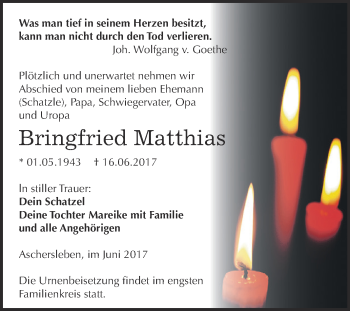 Traueranzeige von Bringfried Matthias von Super Sonntag Aschersleben