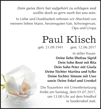 Traueranzeige von Paul Klisch von Mitteldeutsche Zeitung Bitterfeld