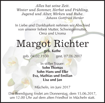 Traueranzeige von Margot Richter von Mitteldeutsche Zeitung Merseburg/Querfurt