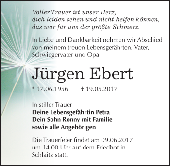 Traueranzeige von Jürgen Ebert von Mitteldeutsche Zeitung Bitterfeld