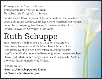 Traueranzeige von Ruth Schuppe von WVG - Wochenspiegel Merseburg