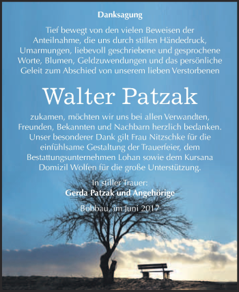 Traueranzeige von Walter Patzak von WVG - Wochenspiegel Bitterfeld