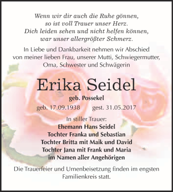 Traueranzeige von Erika Seidel von WVG - Wochenspiegel Wittenberg