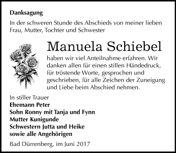 Traueranzeige von Manuela Schiebel von Mitteldeutsche Zeitung Merseburg/Querfurt