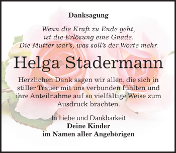 Traueranzeige von Helga Stadermann von Mitteldeutsche Zeitung Weißenfels