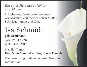 Traueranzeige von Isa Schmidt von Super Sonntag Wittenberg
