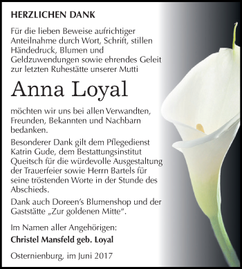 Traueranzeige von Anna Loyal von WVG - Wochenspiegel Dessau / Köthen