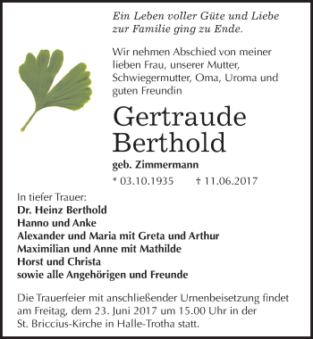 Traueranzeige von Gertraude Berthold von Mitteldeutsche Zeitung Halle/Saalkreis