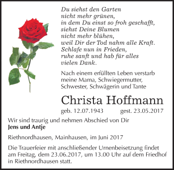 Traueranzeige von Christa Hoffmann von Mitteldeutsche Zeitung Sangerhausen