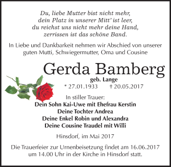 Traueranzeige von Gerda Bamberg von Mitteldeutsche Zeitung Köthen