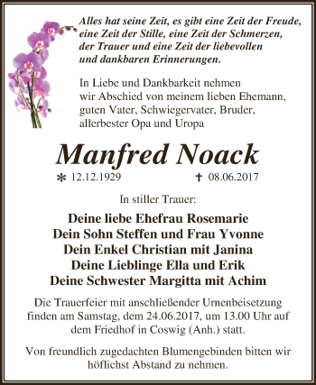 Traueranzeige von Manfred Noack von WVG - Wochenspiegel Dessau / Köthen