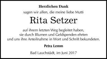 Traueranzeige von Rita Setzer von WVG - Wochenspiegel Merseburg