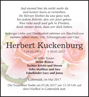 Traueranzeige von Herbert Kuckenburg von Mitteldeutsche Zeitung Merseburg/Querfurt
