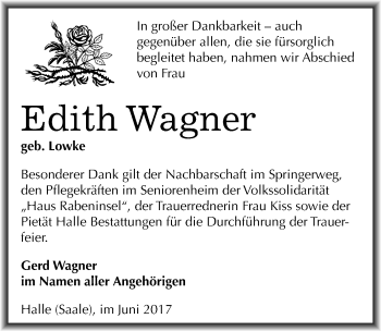 Traueranzeige von Edith Wagner von Mitteldeutsche Zeitung Halle/Saalkreis