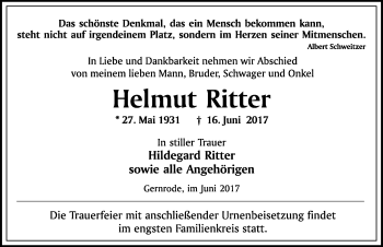 Traueranzeige von Helmut Ritter von Mitteldeutsche Zeitung Quedlinburg