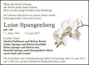 Traueranzeige von Luise Spangenberg von WVG - Wochenspiegel Dessau / Köthen