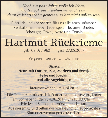 Traueranzeige von Hartmut Rückrieme von Mitteldeutsche Zeitung Mansfelder Land