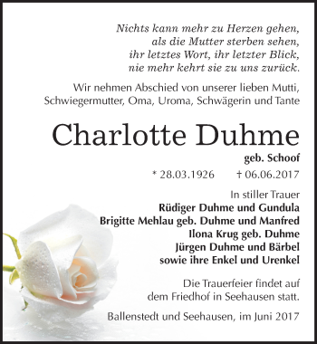 Traueranzeige von Charlotte Duhme von Mitteldeutsche Zeitung Quedlinburg