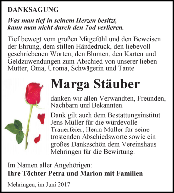 Traueranzeige von Marga Stäuber von Super Sonntag Aschersleben