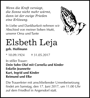Traueranzeige von Elsbeth Leja von Mitteldeutsche Zeitung Halle/Saalkreis