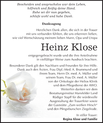 Traueranzeige von Heinz Klose von Mitteldeutsche Zeitung Mansfelder Land