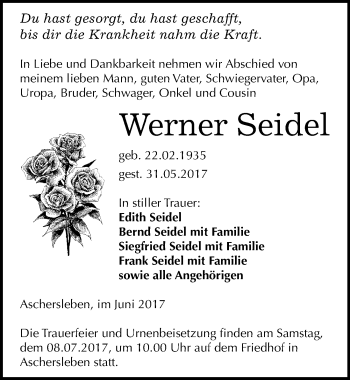 Traueranzeige von Werner Seidel von Mitteldeutsche Zeitung Aschersleben