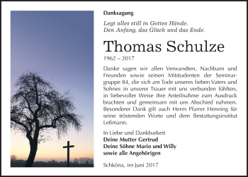 Traueranzeige von Thomas Schulze von Mitteldeutsche Zeitung Wittenberg