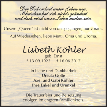 Traueranzeige von Lisbeth Köhler von Super Sonntag Aschersleben