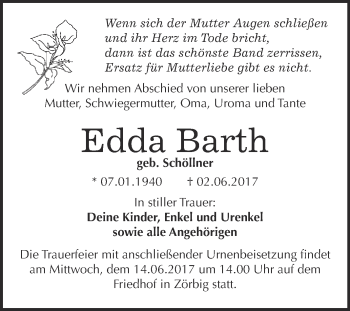 Traueranzeige von Edda Barth von WVG - Wochenspiegel Bitterfeld