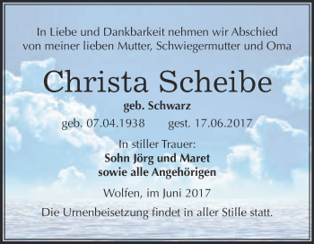 Traueranzeige von Christa Scheibe von WVG - Wochenspiegel Bitterfeld