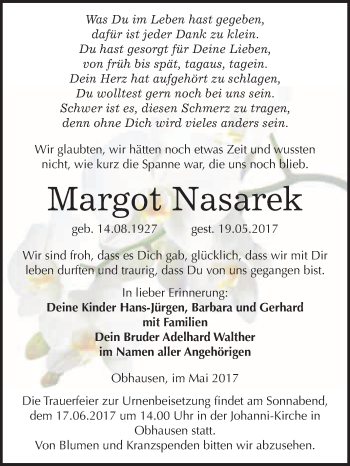 Traueranzeige von Margot Nasarek von WVG - Wochenspiegel Merseburg