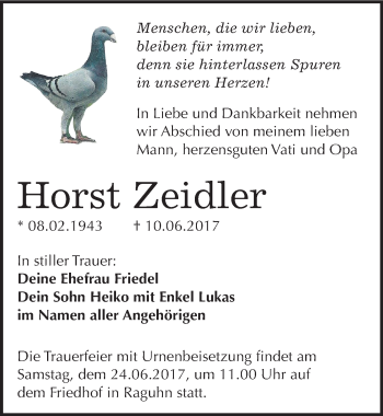 Traueranzeige von Horst Zeidler von Mitteldeutsche Zeitung Bitterfeld