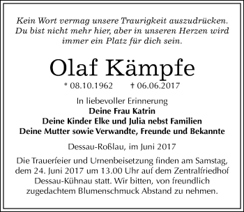 Traueranzeige von Olaf Kämpfe von Mitteldeutsche Zeitung Dessau-Roßlau