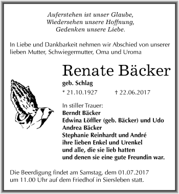 Traueranzeige von Renate Bäcker von Mitteldeutsche Zeitung Mansfelder Land