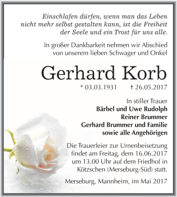 Traueranzeige von Gerhard Korb von WVG - Wochenspiegel Merseburg