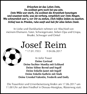 Traueranzeige von Josef Reim von Mitteldeutsche Zeitung Dessau-Roßlau