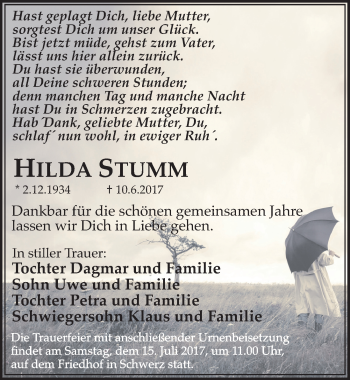 Traueranzeige von Hilda Stumm von Mitteldeutsche Zeitung Halle/Saalkreis