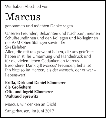 Traueranzeige von Marcus  von Super Sonntag SGH Mansf. Land