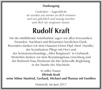 Traueranzeige von Rudolf Kraft von Super Sonntag SGH Mansf. Land