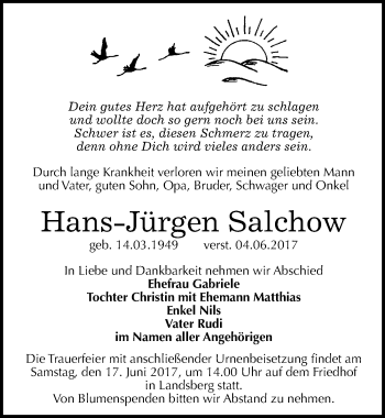 Traueranzeige von Hans-Jürgen Salchow von Mitteldeutsche Zeitung Halle/Saalkreis