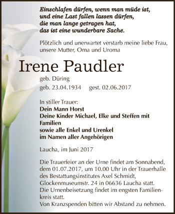 Traueranzeige von Irene Paudler von WVG - Wochenspiegel NMB / WSF / ZTZ