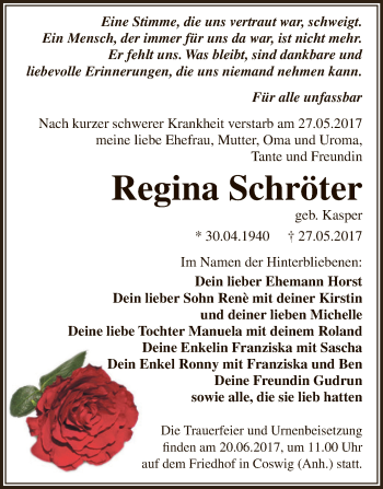 Traueranzeige von Regina Schröter von WVG - Wochenspiegel Dessau / Köthen