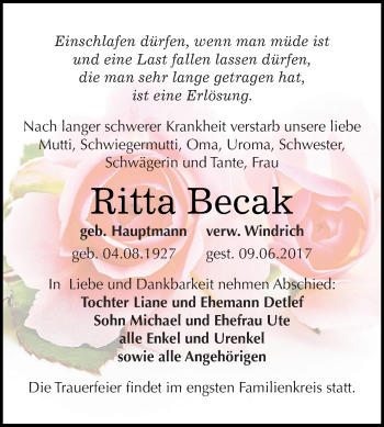 Traueranzeige von Ritta Becak von WVG - Wochenspiegel NMB / WSF / ZTZ