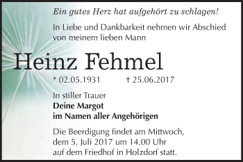 Traueranzeige von Heinz Fehmel von WVG - Wochenspiegel Wittenberg