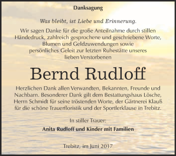 Traueranzeige von Bernd Rudloff von WVG - Wochenspiegel Wittenberg
