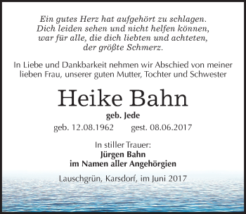 Traueranzeige von Heike Bahn von Mitteldeutsche Zeitung Naumburg/Nebra